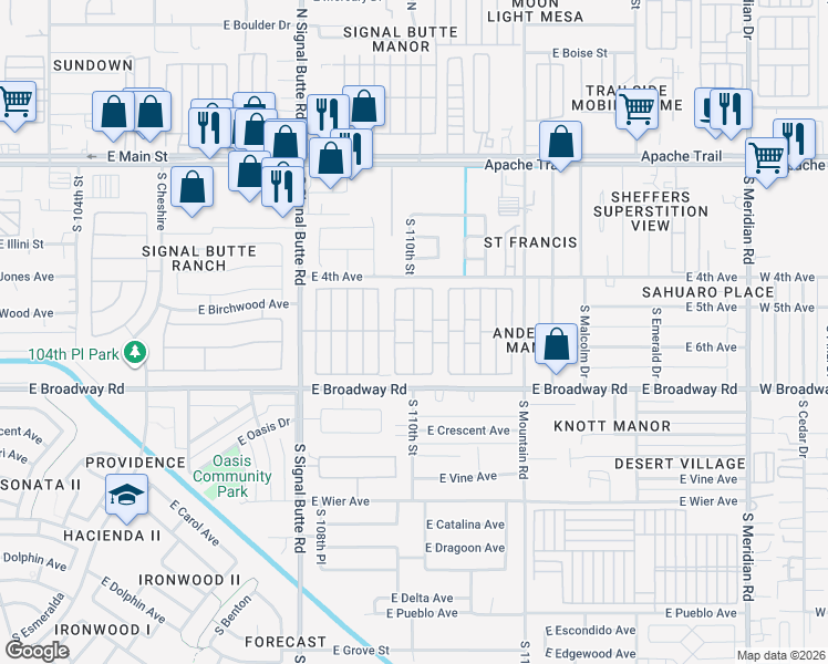 map of restaurants, bars, coffee shops, grocery stores, and more near 301 South Signal Butte Road in Apache Junction