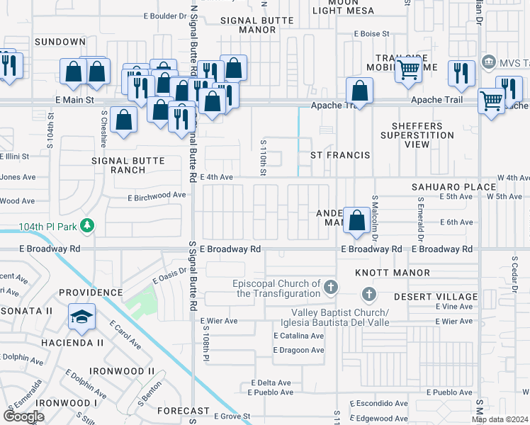 map of restaurants, bars, coffee shops, grocery stores, and more near 301 South Signal Butte Road in Apache Junction