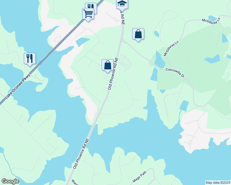 map of restaurants, bars, coffee shops, grocery stores, and more near 600B Old Phoenix Road Northeast in Eatonton
