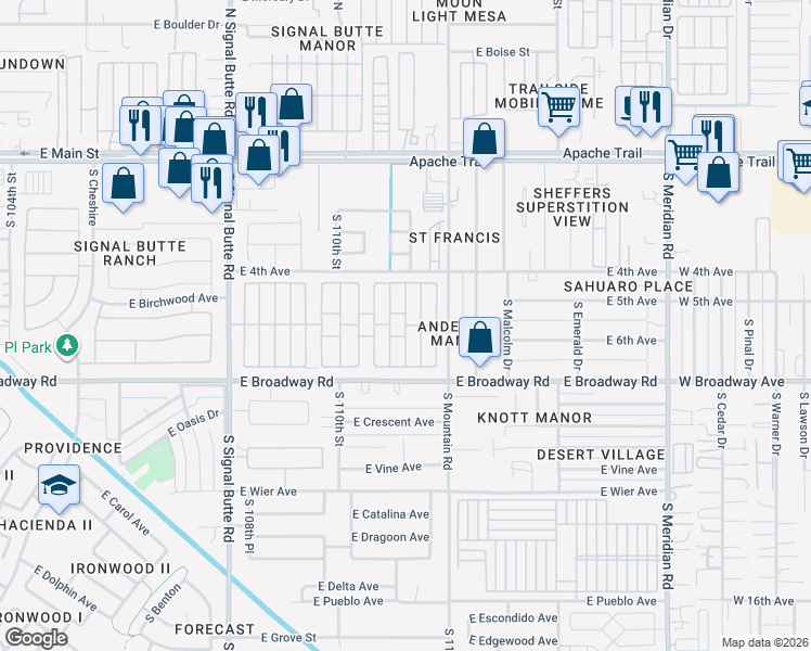 map of restaurants, bars, coffee shops, grocery stores, and more near Mobile Home Park in Apache Junction