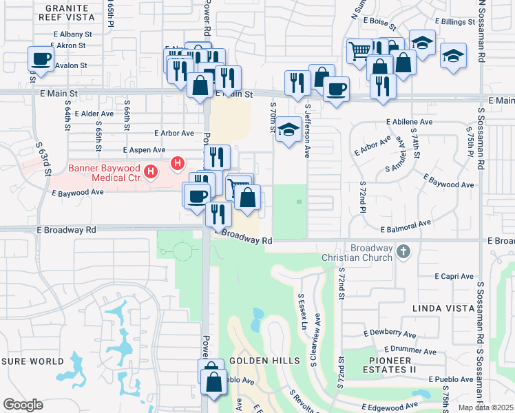map of restaurants, bars, coffee shops, grocery stores, and more near South Hearthstone Villas in Mesa