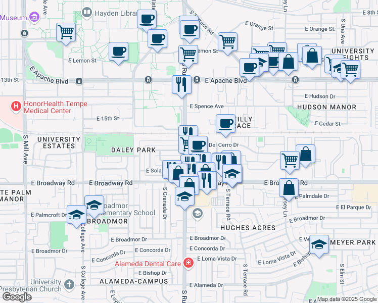 map of restaurants, bars, coffee shops, grocery stores, and more near 1717 South Rural Road in Tempe