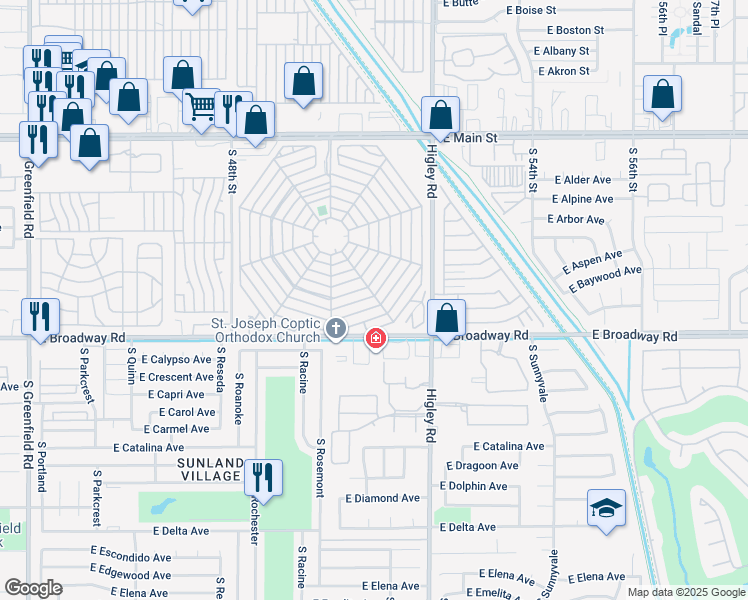 map of restaurants, bars, coffee shops, grocery stores, and more near 534 East Merlin Place in Mesa