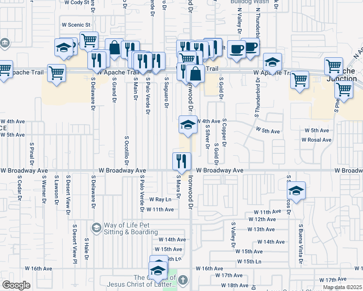 map of restaurants, bars, coffee shops, grocery stores, and more near 550 South Ironwood Drive in Apache Junction