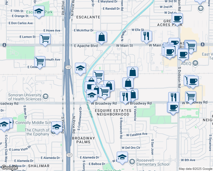 map of restaurants, bars, coffee shops, grocery stores, and more near 2452 West Birchwood Avenue in Mesa