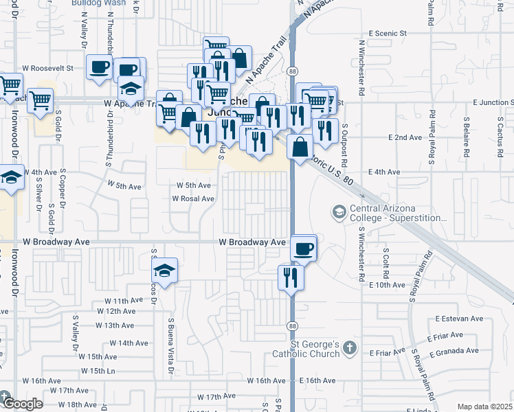 map of restaurants, bars, coffee shops, grocery stores, and more near 24 West Broadway Avenue in Apache Junction