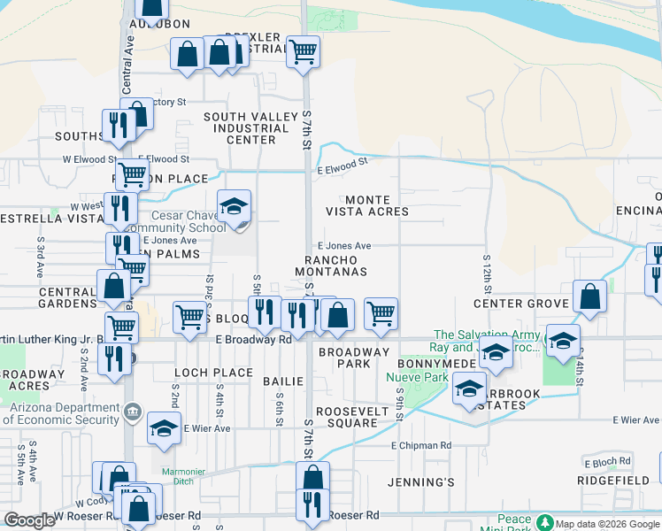 map of restaurants, bars, coffee shops, grocery stores, and more near 4033 South 7th Street in Phoenix
