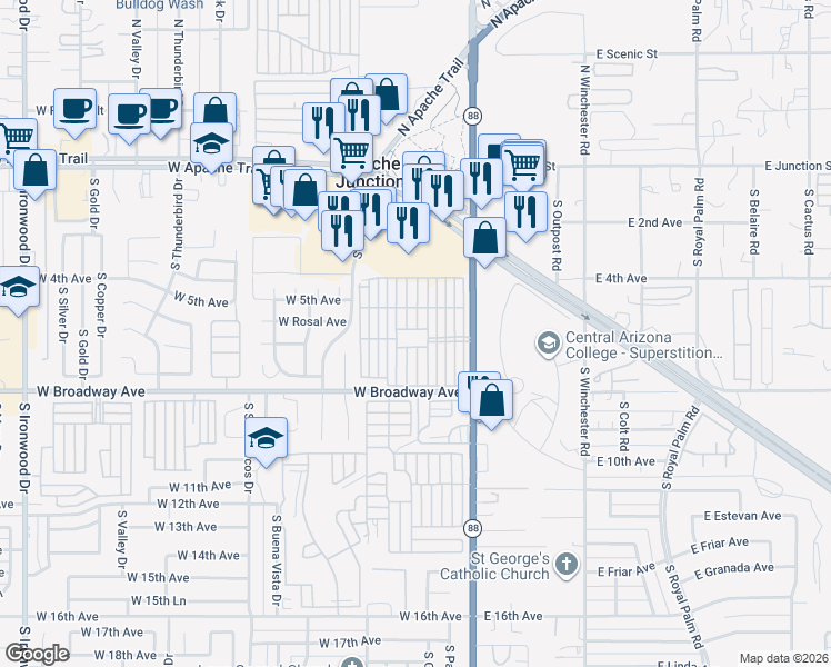 map of restaurants, bars, coffee shops, grocery stores, and more near 24 West Broadway Avenue in Apache Junction