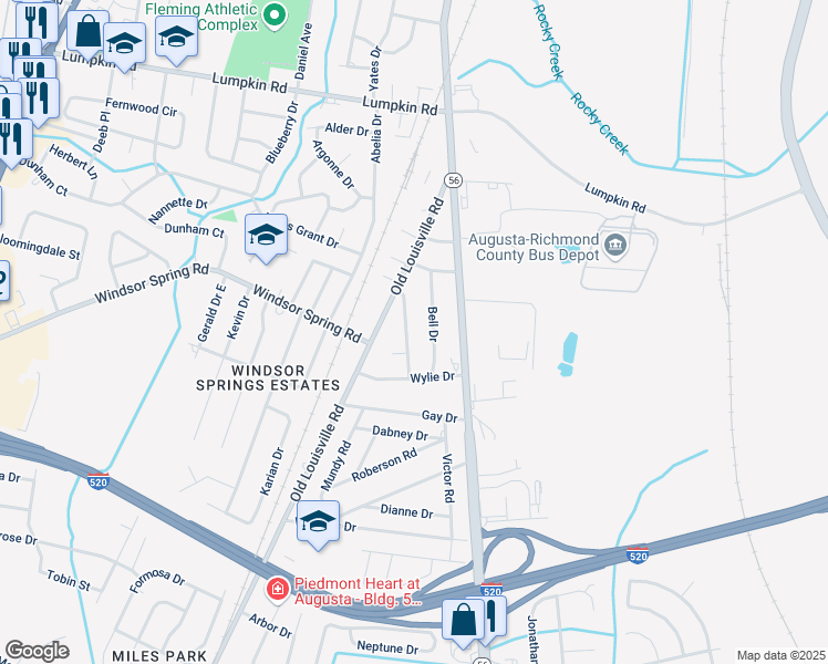 map of restaurants, bars, coffee shops, grocery stores, and more near 3119 Bell Drive in Augusta