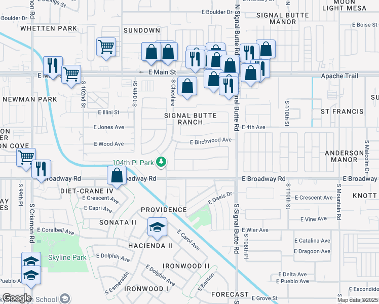 map of restaurants, bars, coffee shops, grocery stores, and more near 10613 East Bramble Avenue in Mesa