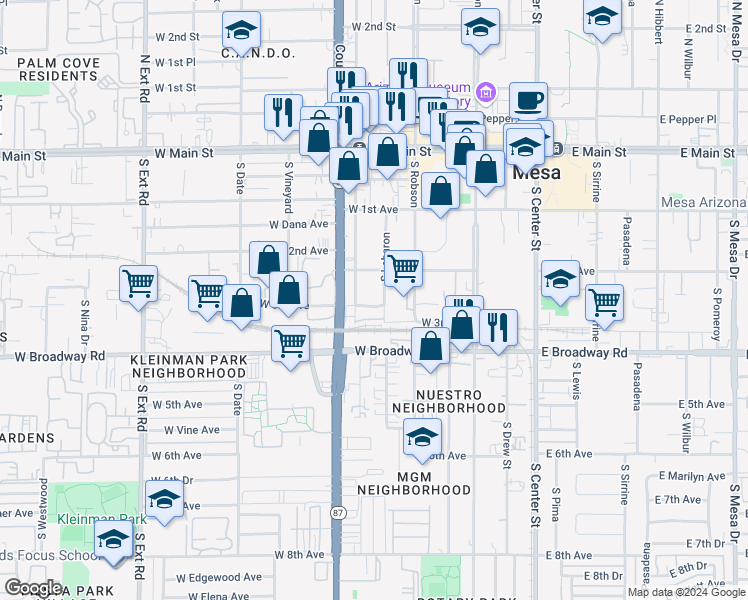 map of restaurants, bars, coffee shops, grocery stores, and more near 230 South Lebaron in Mesa