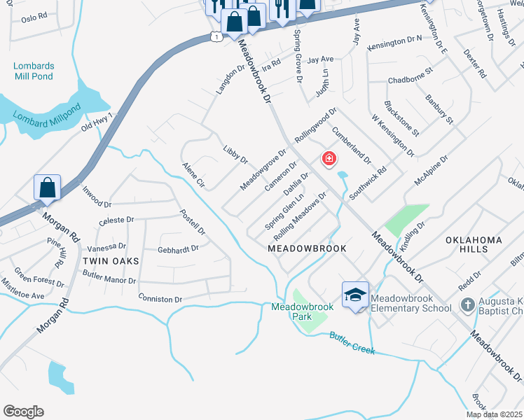 map of restaurants, bars, coffee shops, grocery stores, and more near 2933 Dahlia Drive in Augusta