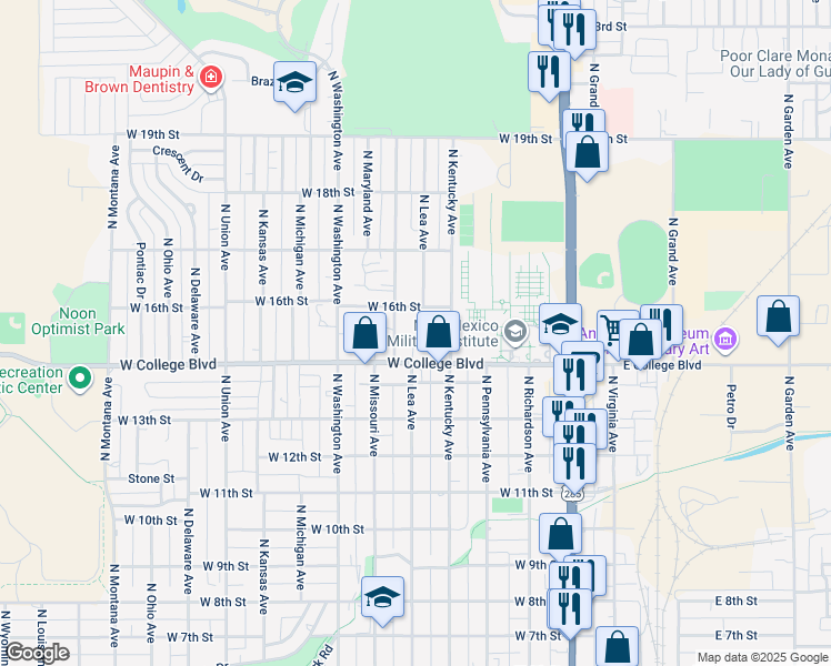 map of restaurants, bars, coffee shops, grocery stores, and more near 1511 North Missouri Avenue in Roswell