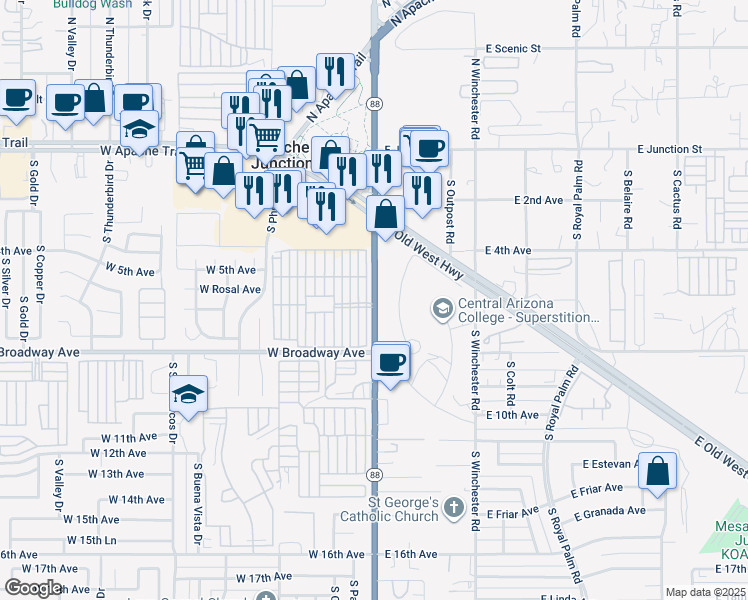 map of restaurants, bars, coffee shops, grocery stores, and more near 607-799 S Idaho Rd in Apache Junction