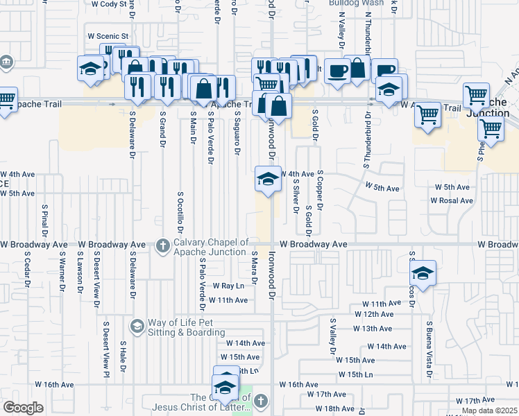 map of restaurants, bars, coffee shops, grocery stores, and more near 550 South Ironwood Drive in Apache Junction