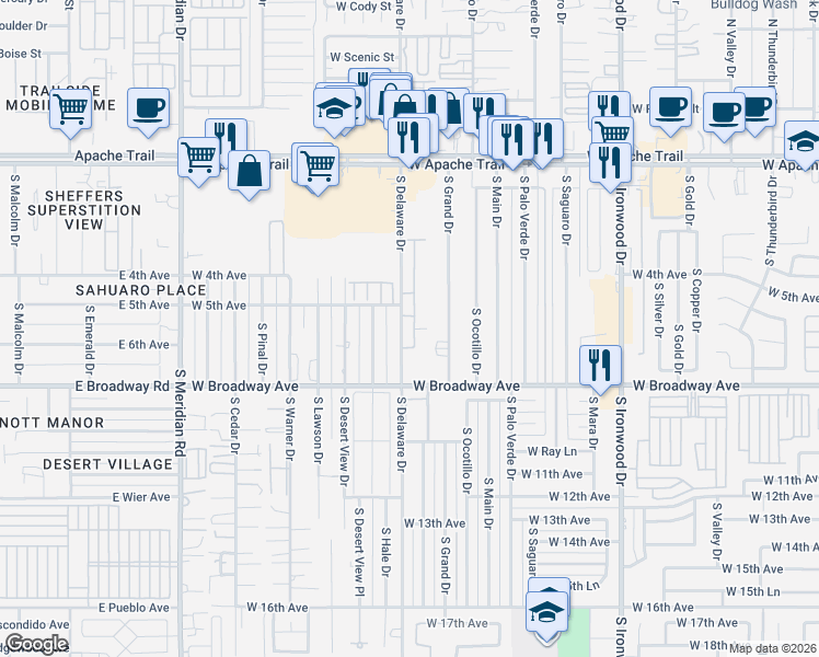 map of restaurants, bars, coffee shops, grocery stores, and more near in Apache Junction