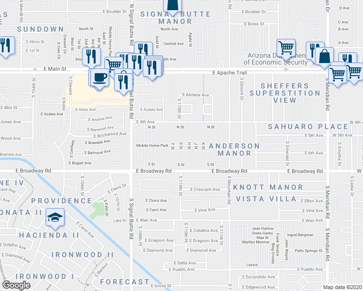 map of restaurants, bars, coffee shops, grocery stores, and more near 301 South Signal Butte Road in Apache Junction