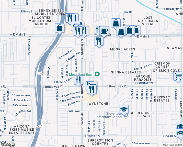 map of restaurants, bars, coffee shops, grocery stores, and more near 267 South 92nd Place in Mesa