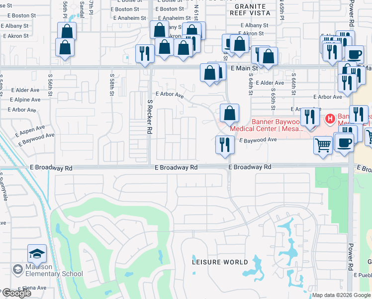 map of restaurants, bars, coffee shops, grocery stores, and more near Ocotillo Avenue in Mesa