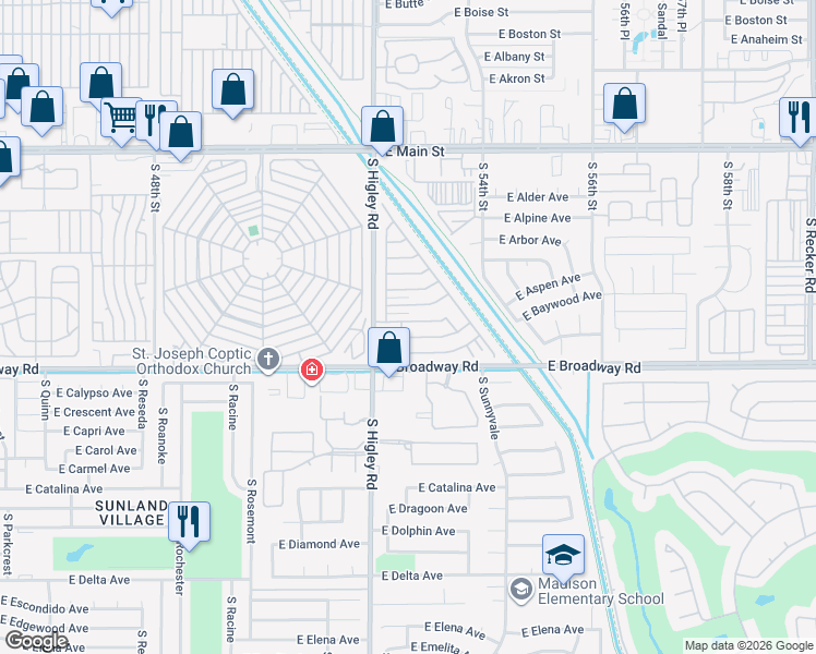 map of restaurants, bars, coffee shops, grocery stores, and more near 205 South Higley Road in Mesa