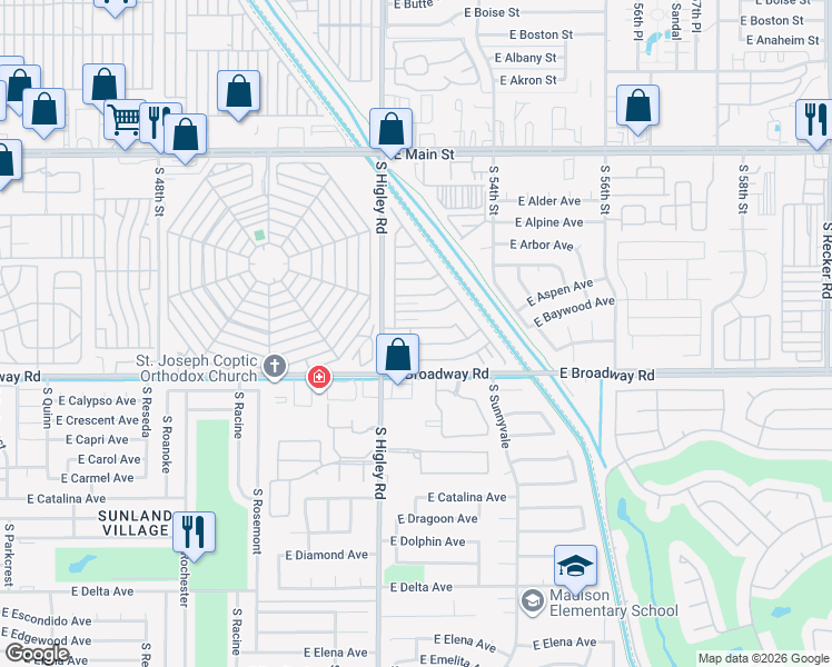 map of restaurants, bars, coffee shops, grocery stores, and more near 205 South Higley Road in Mesa