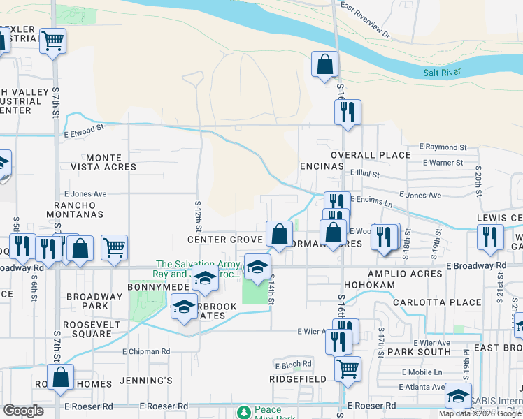 map of restaurants, bars, coffee shops, grocery stores, and more near 4027 South 14th Street in Phoenix
