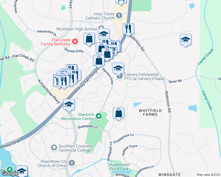 map of restaurants, bars, coffee shops, grocery stores, and more near 106 Clearview Drive in Peachtree City