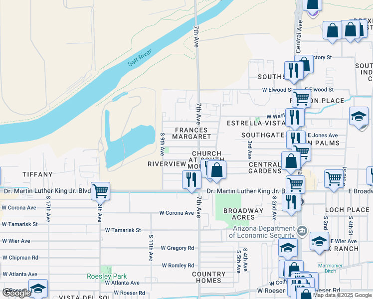 map of restaurants, bars, coffee shops, grocery stores, and more near 721 West Southgate Avenue in Phoenix