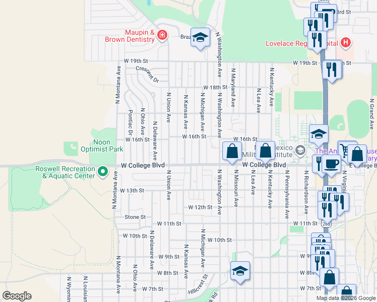 map of restaurants, bars, coffee shops, grocery stores, and more near 1502-1516 North Kansas Avenue in Roswell