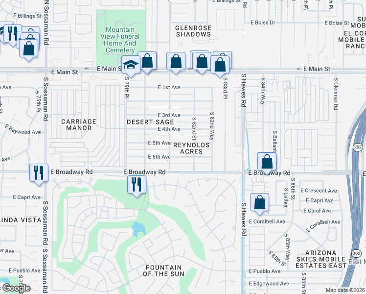 map of restaurants, bars, coffee shops, grocery stores, and more near 8126 East 6th Avenue in Mesa