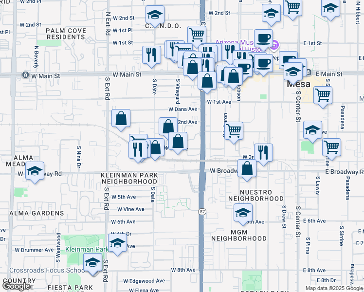map of restaurants, bars, coffee shops, grocery stores, and more near 458 West 3rd Avenue in Mesa