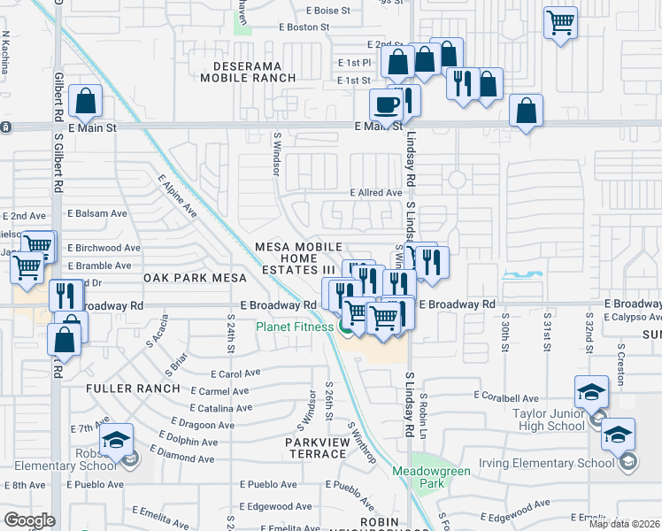 map of restaurants, bars, coffee shops, grocery stores, and more near 321 South Wayfarer in Mesa