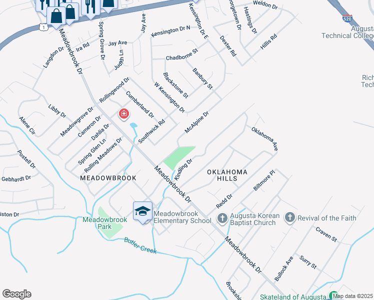 map of restaurants, bars, coffee shops, grocery stores, and more near 3530 Mutimer Drive in Augusta