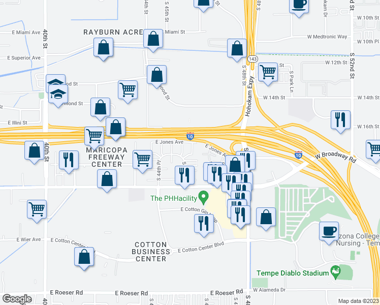 map of restaurants, bars, coffee shops, grocery stores, and more near 4026 South 45th Place in Phoenix