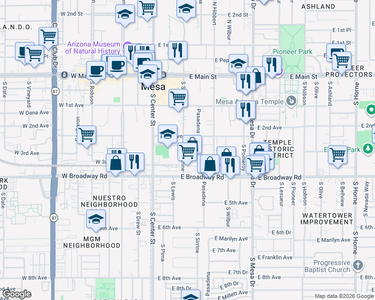 map of restaurants, bars, coffee shops, grocery stores, and more near 243 South Sirrine in Mesa