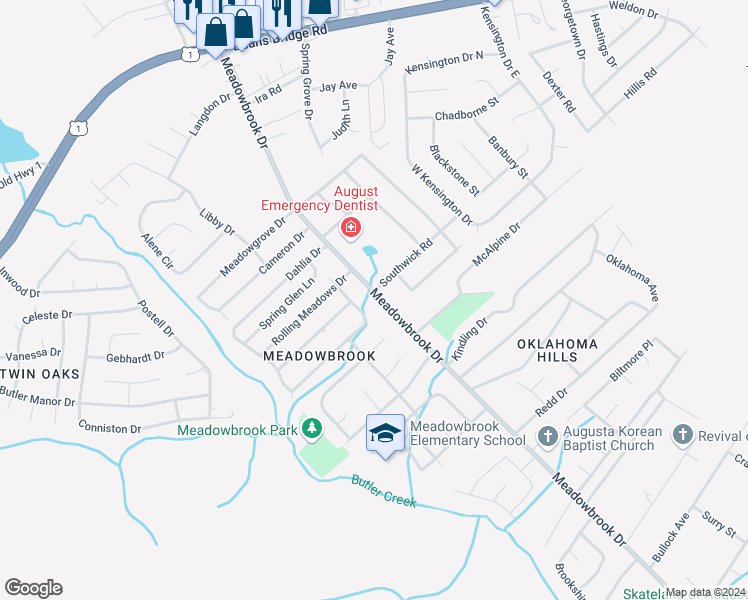 map of restaurants, bars, coffee shops, grocery stores, and more near 2936 Meadowbrook Drive in Augusta