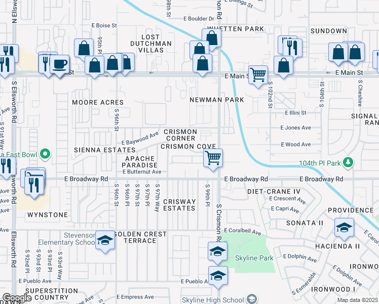 map of restaurants, bars, coffee shops, grocery stores, and more near 9857 East Birchwood Avenue in Mesa