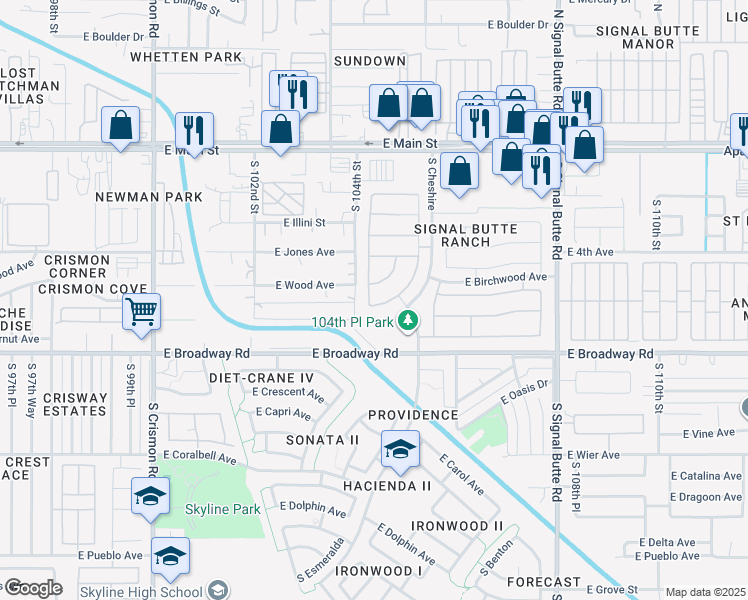 map of restaurants, bars, coffee shops, grocery stores, and more near 10415 East Bramble Avenue in Mesa