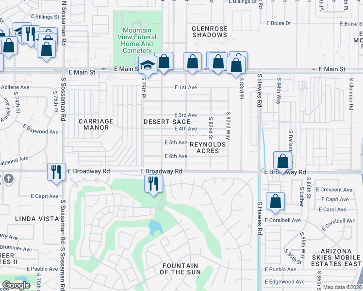 map of restaurants, bars, coffee shops, grocery stores, and more near 8035 East 5th Avenue in Mesa