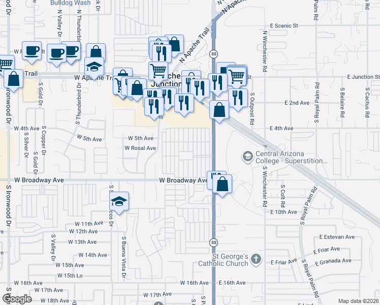 map of restaurants, bars, coffee shops, grocery stores, and more near 4th Avenue in Apache Junction