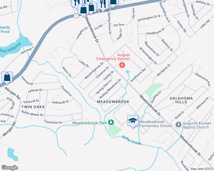 map of restaurants, bars, coffee shops, grocery stores, and more near 3520 Spring Glen Lane in Augusta