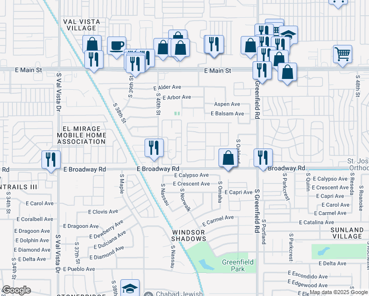 map of restaurants, bars, coffee shops, grocery stores, and more near 4202 East Broadway Road in Mesa
