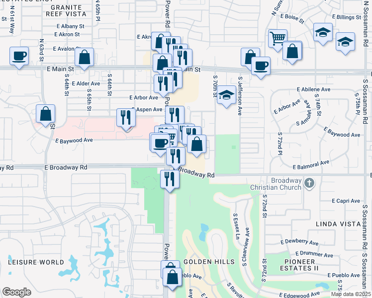 map of restaurants, bars, coffee shops, grocery stores, and more near 325 South Power Road in Mesa