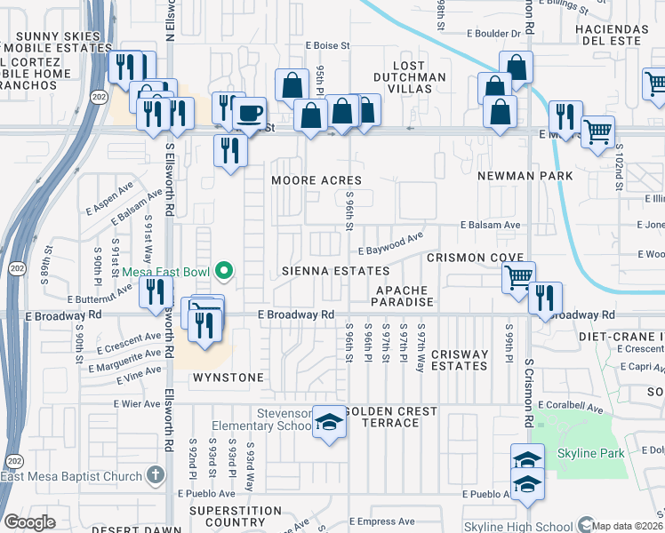 map of restaurants, bars, coffee shops, grocery stores, and more near 318 South Aaron in Mesa