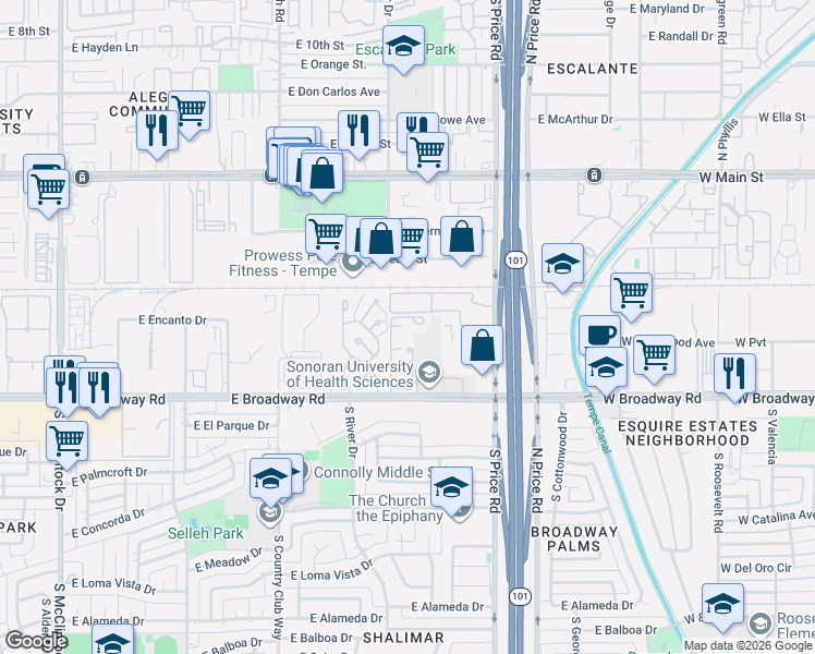 map of restaurants, bars, coffee shops, grocery stores, and more near 2164 East Broadway Road in Tempe