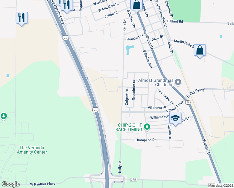 map of restaurants, bars, coffee shops, grocery stores, and more near 605 Bonnie Rose Lane in Van Alstyne