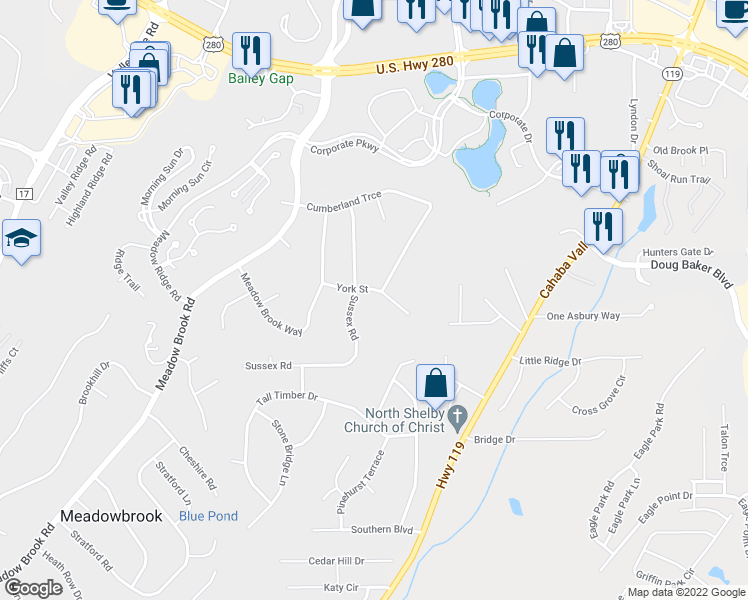 map of restaurants, bars, coffee shops, grocery stores, and more near 3514 York Street in Birmingham