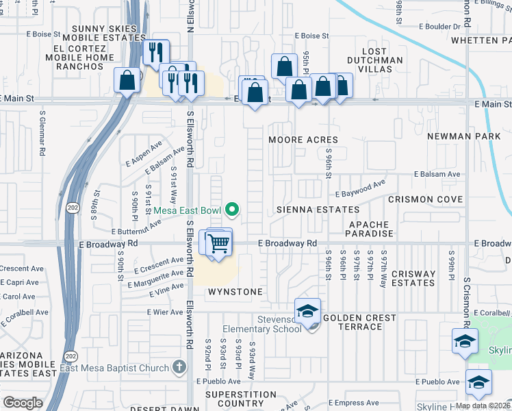 map of restaurants, bars, coffee shops, grocery stores, and more near Mobile Home Park in Mesa