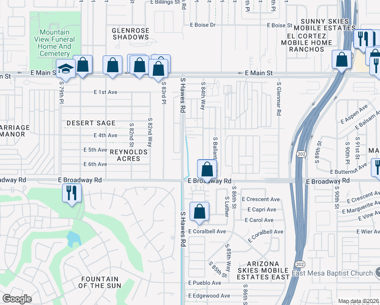 map of restaurants, bars, coffee shops, grocery stores, and more near 8400 East Broadway Road in Mesa