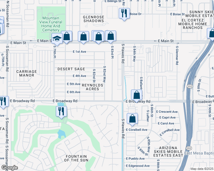 map of restaurants, bars, coffee shops, grocery stores, and more near 315 South 82nd Way in Mesa